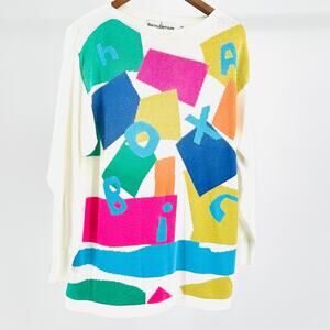 Vintage 80s Bruna Cavallini Cotton White Multicolor Graphic Art Boxy Sweater